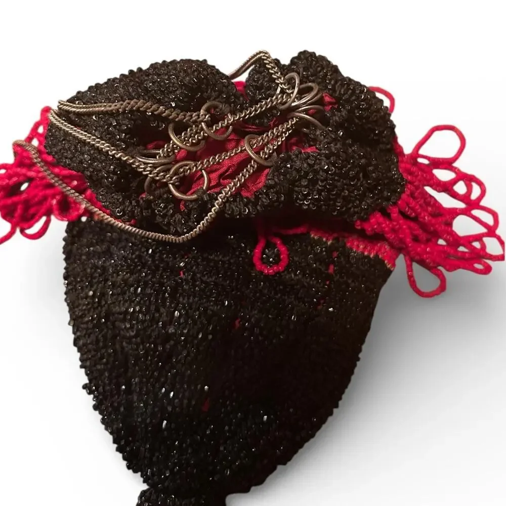 1920s Art Deco Black & Red Beaded Flapper Purse